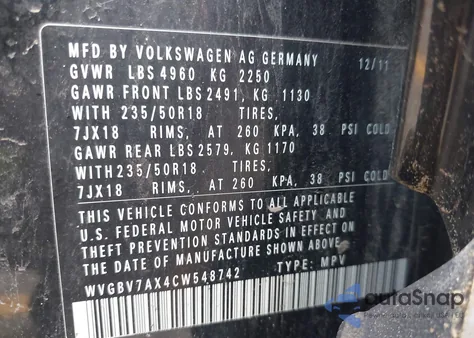 2012 Volkswagen Tiguan Se from USA, damaged, VIN WVGBV7AX4CW548742